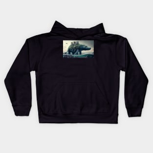 Dinosaur on water with buildings on top Kids Hoodie